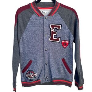 Epic Threads Womens L Varsity Bomber Jacket Blue Gray Burgundy Snap Front NWOT